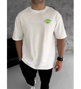 Unisex Bisiklet Yaka Baskılı Oversize T-Shirt - Beyaz