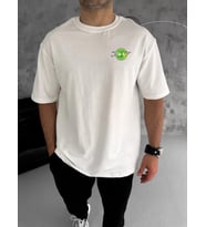 Unisex Bisiklet Yaka Baskılı Oversize T-Shirt - Beyaz