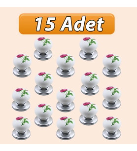 15 Adet Pembe Gül Desenli Beyaz Polimer Düğme Kulp Krom Tablalı Mobilya Mutfak Dolabı Çekmece Kulbu Kulpları