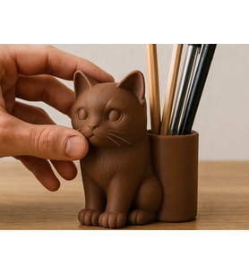 3D Baskı Kedi Figürlü Kalemlik - Masaüstü Organizer - Kahverengi