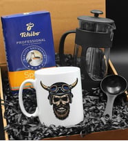 Özel Tasarımlı Kasklı Kuru Kafa Kupa & French Press & 250 Gram Tchibo Proffesional Special Filtre Kahve Hediye Seti