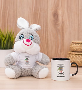 Kişiye Özel Biz Akıllanmayız Tasarım Esprili  Peluş Tavşan ve Siyah Kupa