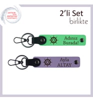 Gemi Dümencilerine Özel Şık Tasarım, 2’li Deri Anahtarlık Seti, Fıstık Yeşil-Mor Menekşe