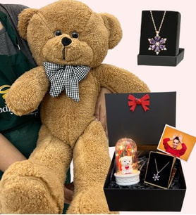 Kişiye Özel Premium Hediye Seti - Büyük Boy Kahve Peluş Ayıcık ve Fotoğraflı Hediye Kutusu (Model 5)