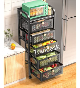 Trendesk 5 Katlı Lux Metal Siyah Çekmeceli Tekerlekli Sebze Meyve Sepeti Mutfak Organizer Düzenleyici