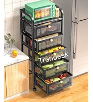 Trendesk 5 Katlı Lux Metal Siyah Çekmeceli Tekerlekli Sebze Meyve Sepeti Mutfak Organizer Düzenleyici
