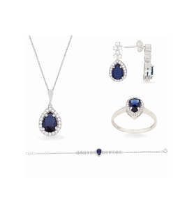 925 Ayar Gümüş Damla Desen Safir Taşlı Zarif Set