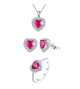 Yantra Silver Kalpli, Küpe Kolye ve Yüzük 925 Ayar Gümüş Takı Seti (Koyu Pembe)