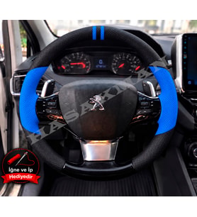 Peugeot 408 Dikme Direksiyon Kılıfı Delikli Deri Parlak Siyah Mavi Detay Çift Yüzük ve Dikiş 2022-2024