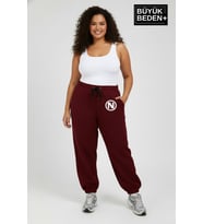 Kadın Büyük Beden N Logolu Paça Lastikli Rahat Kesim Jogger İnce Eşofman Altı SPR26BEAK951-4 (Burgundy)