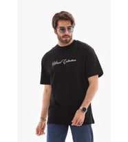 Unisex Bisiklet Yaka Baskılı Oversize T-Shirt - Siyah
