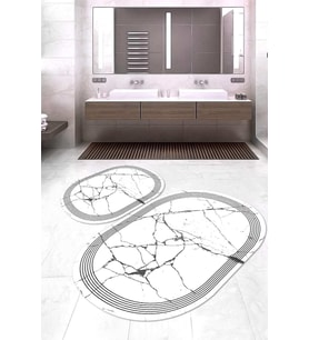 Dijital Baskılı Kaymaz Taban Yıkanabilir Oval 2'li Klozet Takımı Banyo Paspası NOKZ-SD-1089 (Beyaz)