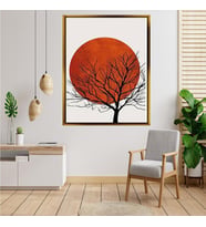 Tablore Japon Minimalist Kırmızı Güneş Ve Ağaç Silüeti Tablo Modern Çerçeveli Duvar Dekoru