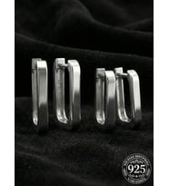 925 Ayar Gümüş Rodyum Kaplama Dikdörtgen Huggie Halka Küpe Seti 2'li Çift - (Orta-Küçük 3mm En)