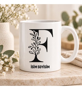 Kişiye Özel Baş Harf ve İsim Yazılı Ağaç Detaylı Botanik Seramik Kupa Bardak
