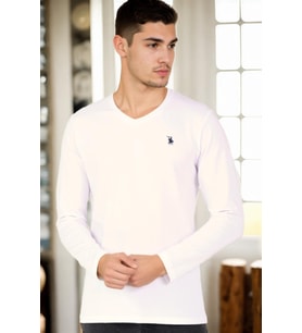 T8587 DEWBERRY V YAKA ERKEK UZUN KOL T-SHIRT-BEYAZ 1