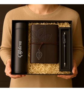 Kişiye Özel Premium Siyah Defter Göstergeli Dereçeli Termos Kalem Kutulu Hediye Seti