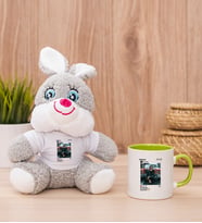 Kişiye Özel İnstagram Tasarım Fotoğraflı Peluş Tavşan ve Yeşil Kupa