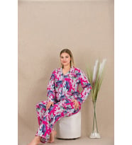 Amora Secret Büyük Beden Renkli Yaprak Desenli Düğmeli Uzun Kol Viskon Pijama Takımı