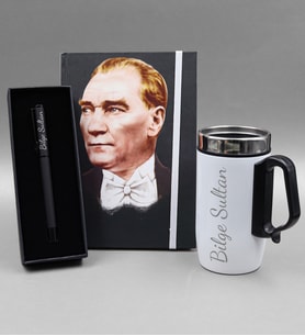 Kişiye Özel Kulplu 280ml Beyaz Renk Çelik Termos & Mustafa Kemal Atatürk Baskılı Defter & Siyah Mat Roller Kalem Hediye Seti