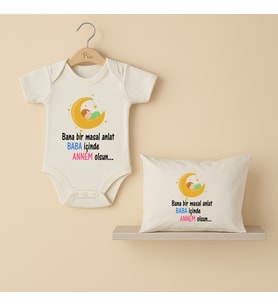 Pia Baby B40 %100 Pamuk Bana Bir Masal Anlat Baba İçinde Annem Olsun Yazılı Bebek Body Ve Yastık Kılıfı (Ekru)