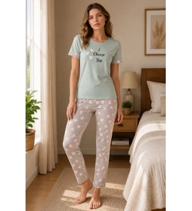 Pamuklu Penye Baskılı Kısa Kollu Bisiklet Yaka Pijama Takımı - Mint