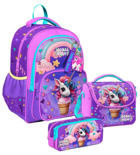 Coral High Üç Bölmeli Mor Pembe Dondurma Unicorn, Kız Çocuk, İlkokul Üçlü Okul Çanta Seti