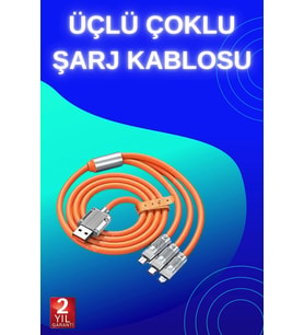 İthalat® 3 İn 1 Süper Hızlı Şarj Kablosu Android İos Uyumlu Silikon Şarj Kablosu