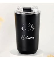 Kişiye Özel Retro Stil 240ml Vakumlu Isı Korumalı Hello Kitty Baskılı Termos Kupa (Siyah)