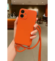 Apple iPhone 16 ile Uyumlu İpli Boyun Askılı Silikon Kılıf Kadife İç Yapılı Dulcet Epiphany boyun çapraz asılabilen İpli Kılıf Turuncu