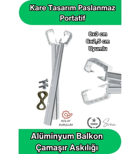 8x3 ve 6x2.5 cm Uyumlu Alüminyum Balkon Çamaşır Askılığı Takılabilir Küpeşte Kurutmalık Kare Boru Uy
