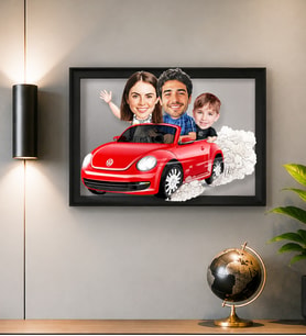 Kişiye Özel Aile Karikatürlü Çerçeveli Tablo – Fotoğraftan Arabalı Aile Portresi Hediyesi