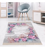 Gül Desenli Dijital Baskı Yıkanabilir Kaymaz Taban Vintage Salon Halısı ve Yolluk (Gri)