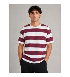 Erkek Çizgili Oversize Tişört Bisiklet Yaka Kısa Kol Yazlık T-Shirt - Bordo