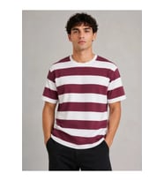 Erkek Çizgili Oversize Tişört Bisiklet Yaka Kısa Kol Yazlık T-Shirt - Bordo