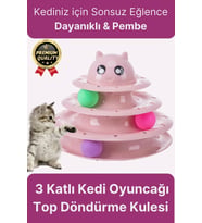 Premium Eğlenceli Renkli Dayanıklı Yuvarlak Kauçuk Pedli 3 Katlı Kedi Oyuncağı Top Döndürme Kulesi