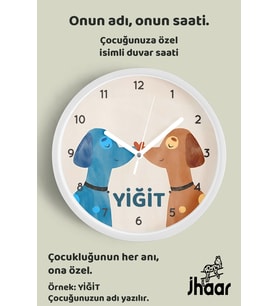 İsme Özel Sevimli Köpekler Çocuk Odası Duvar Saati Orta Boy 30 cm Beyaz Camlı Sessiz