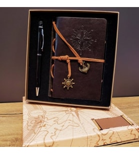 Kişiye Özel Pusula Desenli Kahverengi Defter Siyah Kalem Kutulu