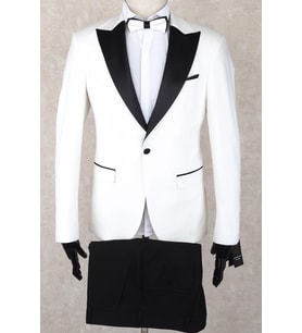Jan Carlucci Slim Fit Saten Sivri Yaka-Çift Yırtmaç Beyaz Drop 6 Damatlık Smokin - Full Set Yelek, Gömlek, Papyon