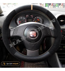 Seat Cordoba 6L Dikme Direksiyon Kılıfı Alcantara Süet Mat Karbon Bej Yüzük ve Dikiş Stella-Reference-Signo-Tuşsuz 2002-2009