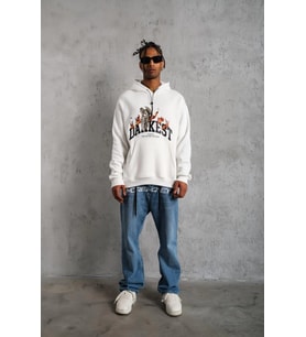 Erkek 3 İplik Pamuklu Kapüşonlu Baskılı Cepli Oversize Sweatshirt Hoodie - Beyaz