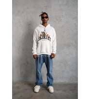 Erkek 3 İplik Pamuklu Kapüşonlu Baskılı Cepli Oversize Sweatshirt Hoodie - Beyaz