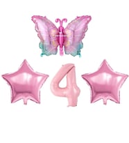 Pembe Kelebekli 4 Yaş Folyo Balon Set