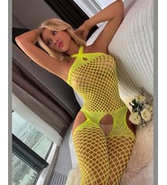 Intive Özel Bölgesi Açık Geniş File Boyundan Çapraz Askılı Neon Sarı Vücut Çorabı-4626
