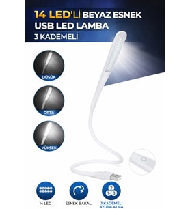14 Led USB Lamba Esnek 3 Kademeli Masa Lambası Bilgisayar Laptop Klavye Aydınlatma Beyaz