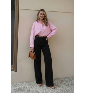 Kadın Yüksek Bel Likralı Wide Leg Siyah Jean Pantolon