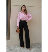 Kadın Yüksek Bel Likralı Wide Leg Siyah Jean Pantolon