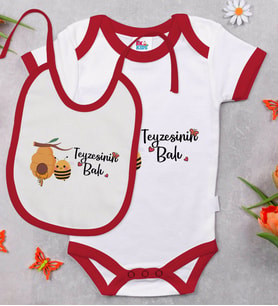 BK Kids Teyzesinin Balı Tasarımlı Kırmızı Bebek Body Zıbın ve Mama Önlüğü Hediye Seti-1