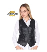 Hakiki Deri Siyah Casual Fermuarlı Kadın Deri Yelek