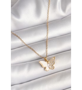 316L Çelik Gold Renk Zincir Zirkon Taşlı Beyaz Mineli Model Kadın Kolye - TJ-BKO9940